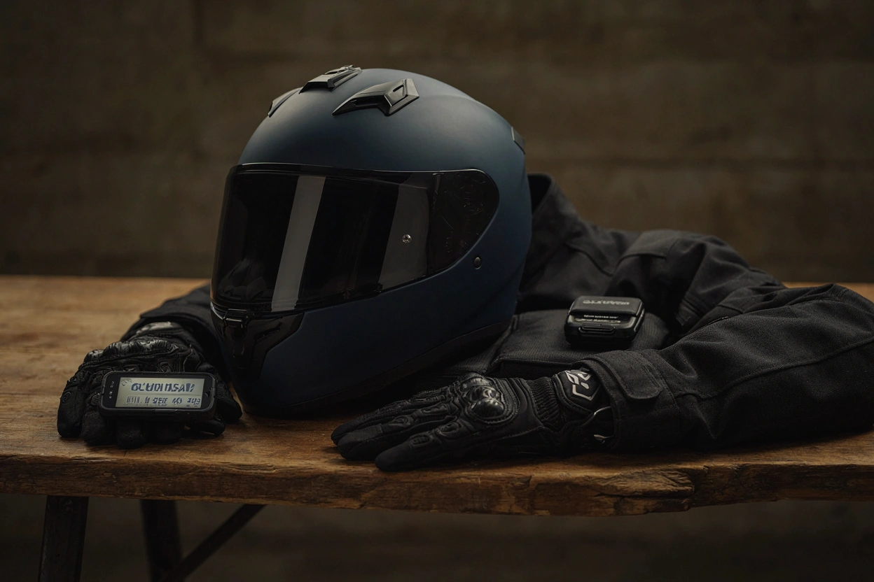 Équipement moto complet : casque, veste textile, gants